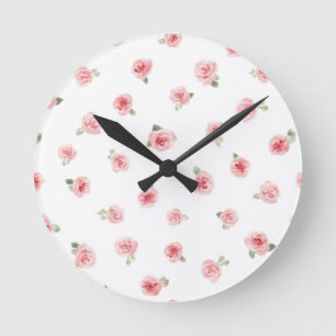 Horloge Ronde Rosebud rose eau-forte floral vintage rose blanc