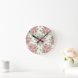 Horloge Ronde Roses à l'aquarelle rose vintage motif floral sans