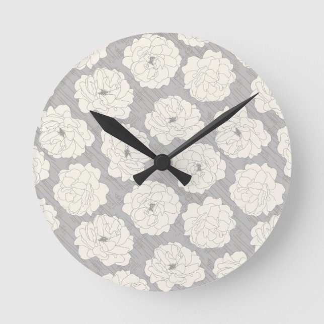Horloge Ronde Roses blanches sur gris clair - motif sans soudure (Recto)