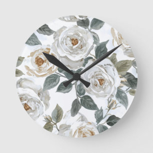 Horloge Ronde Roses de jardin   Fleurs aquarelles blanches Vinta