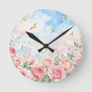 Horloge Ronde Roses Rose Pâle & Oiseaux Dorés Fleur Aquarelle