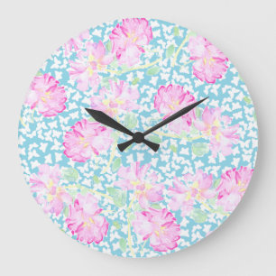 Horloge ronde, Roses roses, Papillons blancs