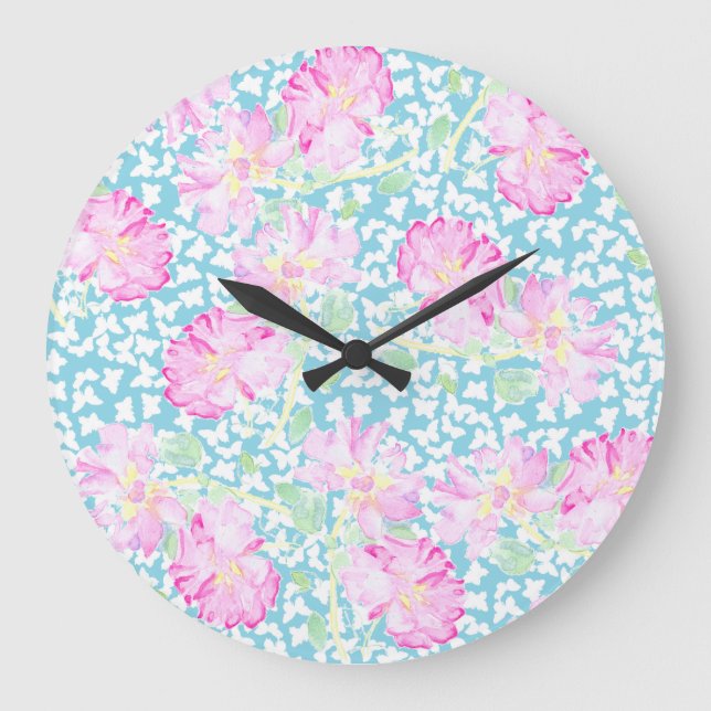 Horloge ronde, Roses roses, Papillons blancs (Recto)