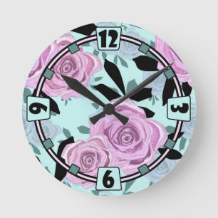Horloge Ronde roses roses roses, roses, arrière - plan turquoise