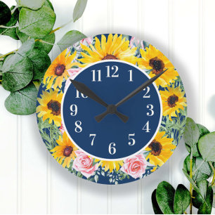 Horloge Ronde Roses roses Tournesols bleu marine Monogramme