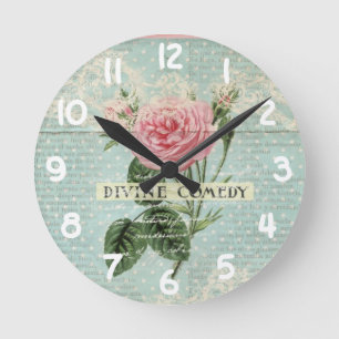 Horloge Ronde Roses roses vintages et écriture française