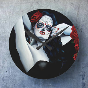 Horloge Ronde Roses rouges crânes de sucre