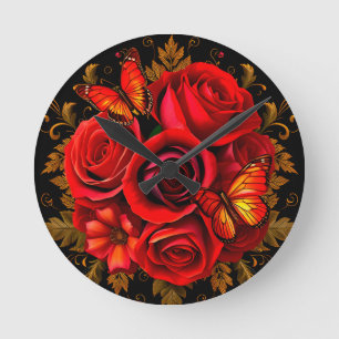 Horloge Ronde Roses rouges élégantes avec papillons