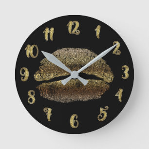 Horloge Ronde Rouge à lèvres Gold Lips Baiser Glamour Chic Glamo