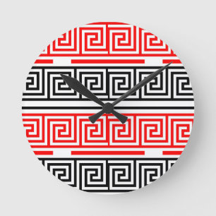 Horloge Ronde Rouge Blanc noir Clé grecque Fret Motif Design