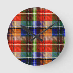 Horloge Ronde Rouge Bleu Vert Jaune Carreaux Tartan Design