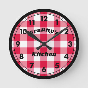 Horloge Ronde Rouge En vichy Noir Nom Rétro