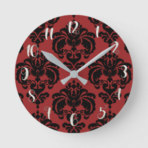 Horloge Ronde Rouge foncé et noir damassé moderne personnalisé
