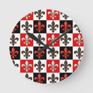 Horloge Ronde Rouge Noir Blanc À damiers Fleur de lis Design