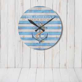Horloge Ronde Rustic Beach House Bandes Nautiques Personnalisées