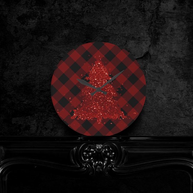 Horloge Ronde Rustic Christmas Tree Buffalo Plaid Modern Checker (Créateur téléchargé)