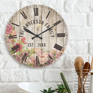 Horloge Ronde Rustic Floral Wood Custom