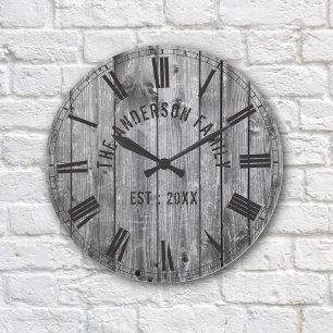 Horloge Ronde Rustic Grey Wood Custom Family Nom Farmhouse