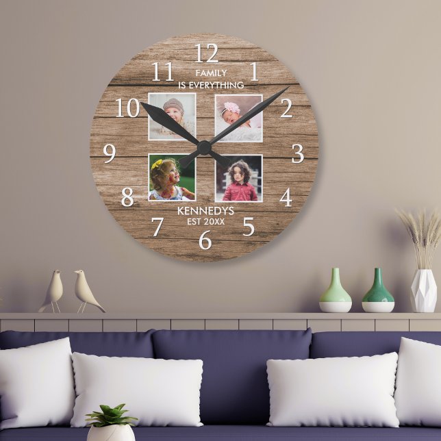 Horloge Ronde Rustic Wood 4 Photo Collage Nom de famille Citatio (Rustic Wood 4 Photo Collage Family Name Quote Round Clock)
