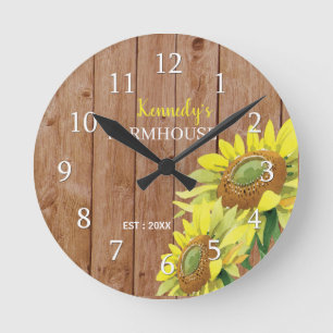 Horloge Ronde Rustic Wood and Sunflower Farmhouse Kitchen