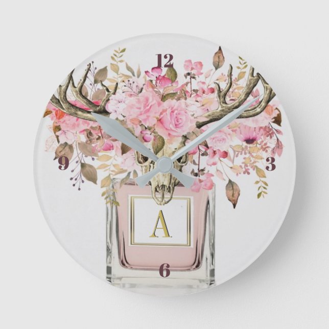 Horloge Ronde Rustique Boho Taureau Taureau Floral Monogramme Ch (Recto)