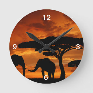 Horloge Ronde Safari African Baobab tree elephant silhouette