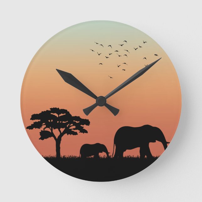 Horloge Ronde Safari Afrique Sunset Elephant Silhouette (Recto)