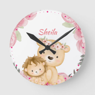 Horloge Ronde Safari Personnalisé Animaux Filles