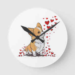 Horloge Ronde Saint-Valentin Chien Mignon Corgi Fête de la Saint