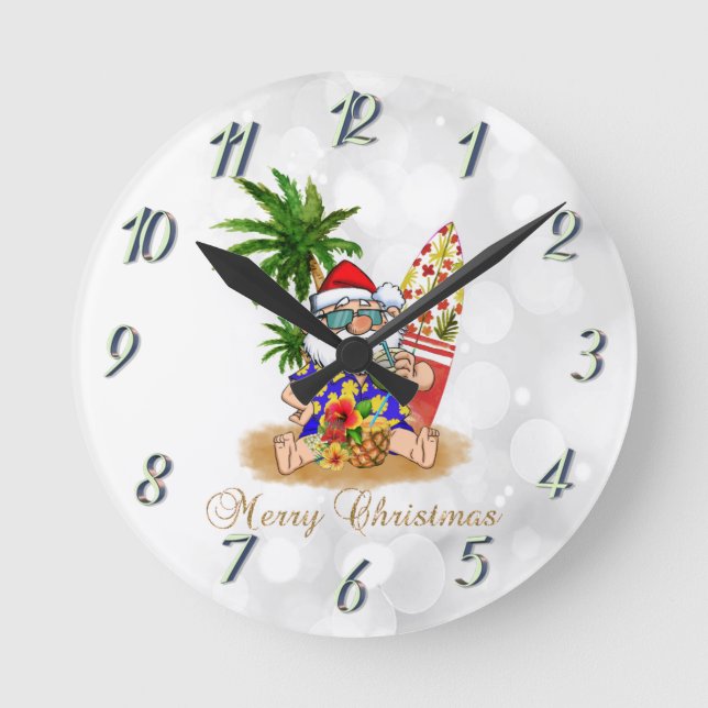 Horloge Ronde Santa Claus cool, Palm Tree, Beach Bokeh (Recto)