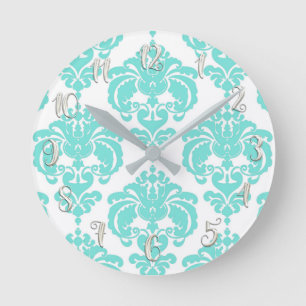 Horloge Ronde Sarcelle Turquoise & Blanc Damassé Moderne Personn