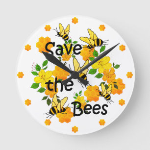 Horloge Ronde Sauvez les abeilles, Nid d'abeille et Fleurs Jaune