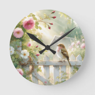 Horloge Ronde Scène aquarelle de rose de jardin et d'oiseau