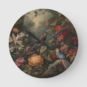 Horloge Ronde Scène botanique vintage oiseaux fleurs au paradis