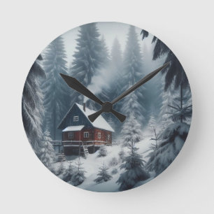 Horloge Ronde Scène Cabine d'hiver avec neige et pins
