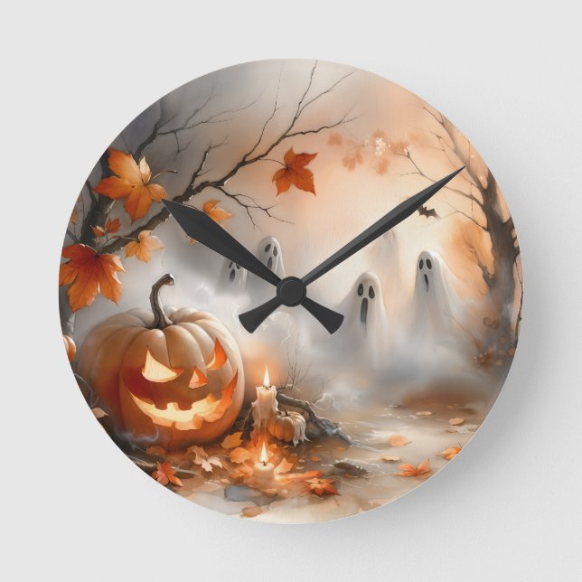 Horloge Ronde Scène d'Halloween lunaire avec citrouille et fantô (Recto)