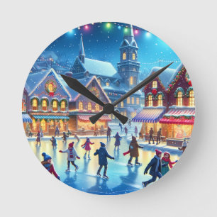 Horloge Ronde Scène festive de patinage sur glace de Noël