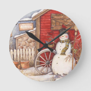 Horloge Ronde Scène hivernale Rustique Snowman
