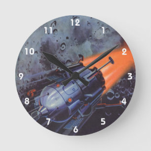 Horloge Ronde Science-fiction vintage, fusée lunaire décolle