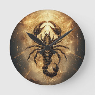 Horloge Ronde Scorpion au-dessus d'un mandala astral doré détail