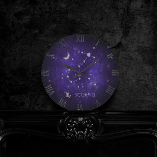 Horloge Ronde Scorpion violet zodiaque   Horoscope d'astrologie 