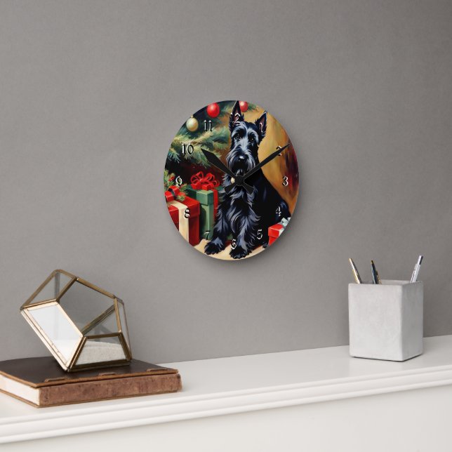 Horloge Ronde Scottish Terrier à Noël (Bureau)