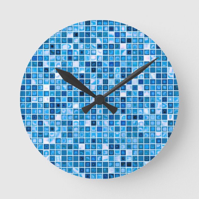 Horloge Ronde Shades of Blue 'Watery' Mosaic Tiles Pattern (Recto)