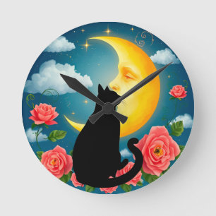 Horloge Ronde Silhouette de chat assis devant la lune