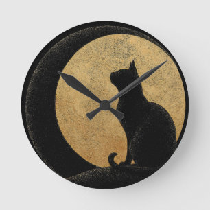 Horloge Ronde Silhouette de chat noir contre une lune d'or