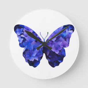 Horloge Ronde Silhouette de papillon de fleurs violettes