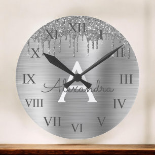 Horloge Ronde Silver Glitter Brushed Metal Monogram Name