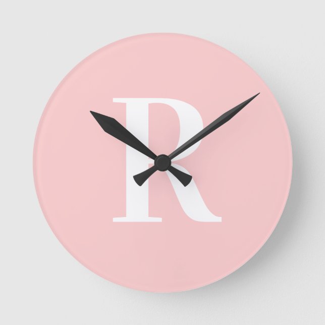 Horloge Ronde Simple Monogramme moderne rose pâle (Recto)