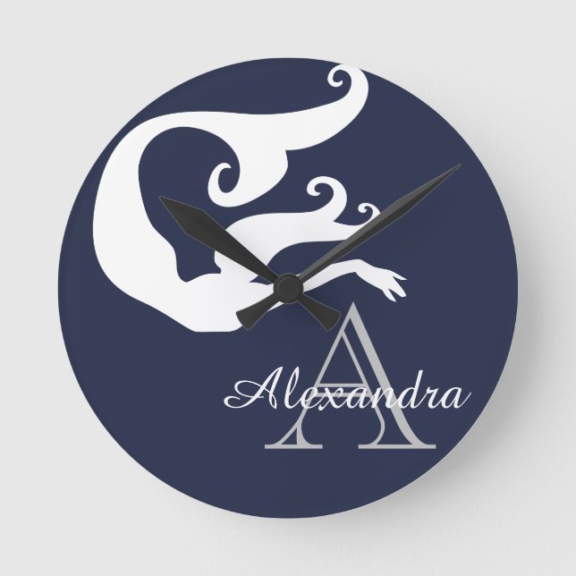 Horloge Ronde Sirène personnalisée White Navy bleu monogrammée (Recto)