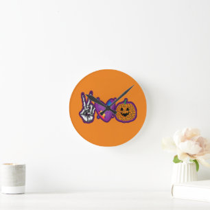 Horloge Ronde Skeleton Citrouille Peace Love Halloween